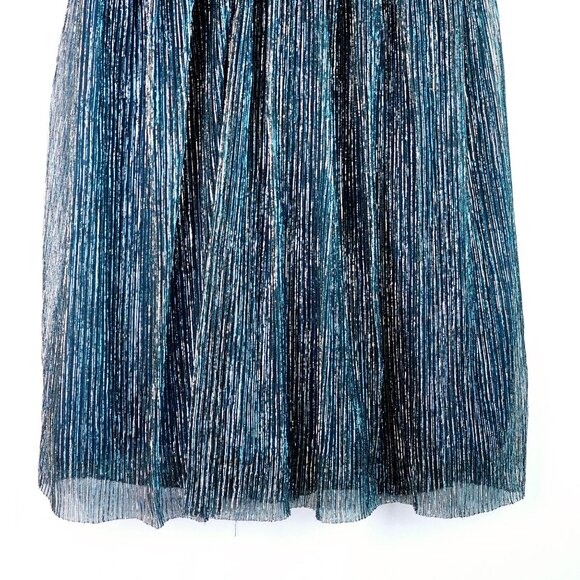 Lulus Ailey Halter Mini Twisted Back Metallic Threaded Gold Teal Skater Dress, S - Picture 5 of 10